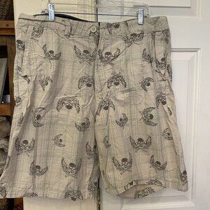 Route 66 Cream Ivory Brown Skull Wings 100% Cotton Men's Shorts Sz 38 Summer